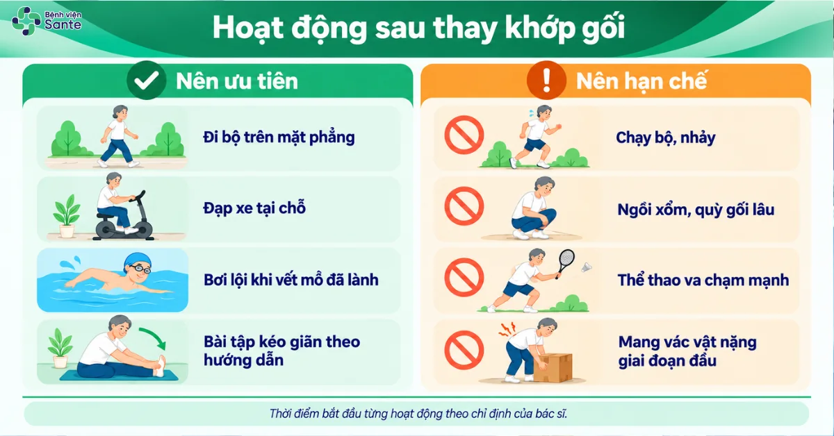 Bệnh viện Sante - Sau Thay Khớp Gối Bao Lâu Thì Đi Được? Các Mốc Phục Hồi & Bài Tập Chuẩn Y Khoa (Hình 6) Các hoạt động thể thao nên ưu tiên và cần hạn chế sau phẫu thuật thay khớp gối nhân tạo